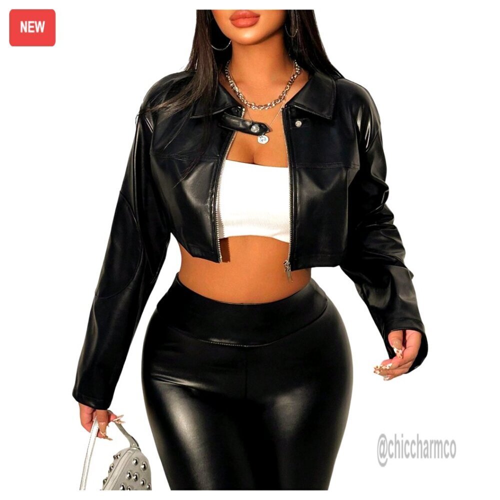 PU Leather Motorcycle Jacket Zipper Buckle Belted Long Sleeve Crop Chic
